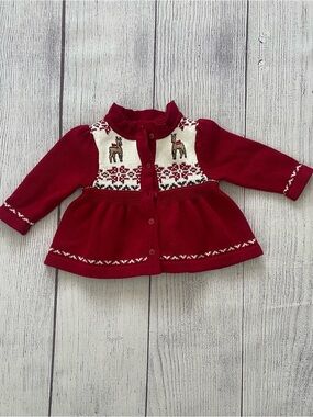 Janie & Jack Red Reindeer Ruffle Fair Isle Cardigan Size 3-6 Months